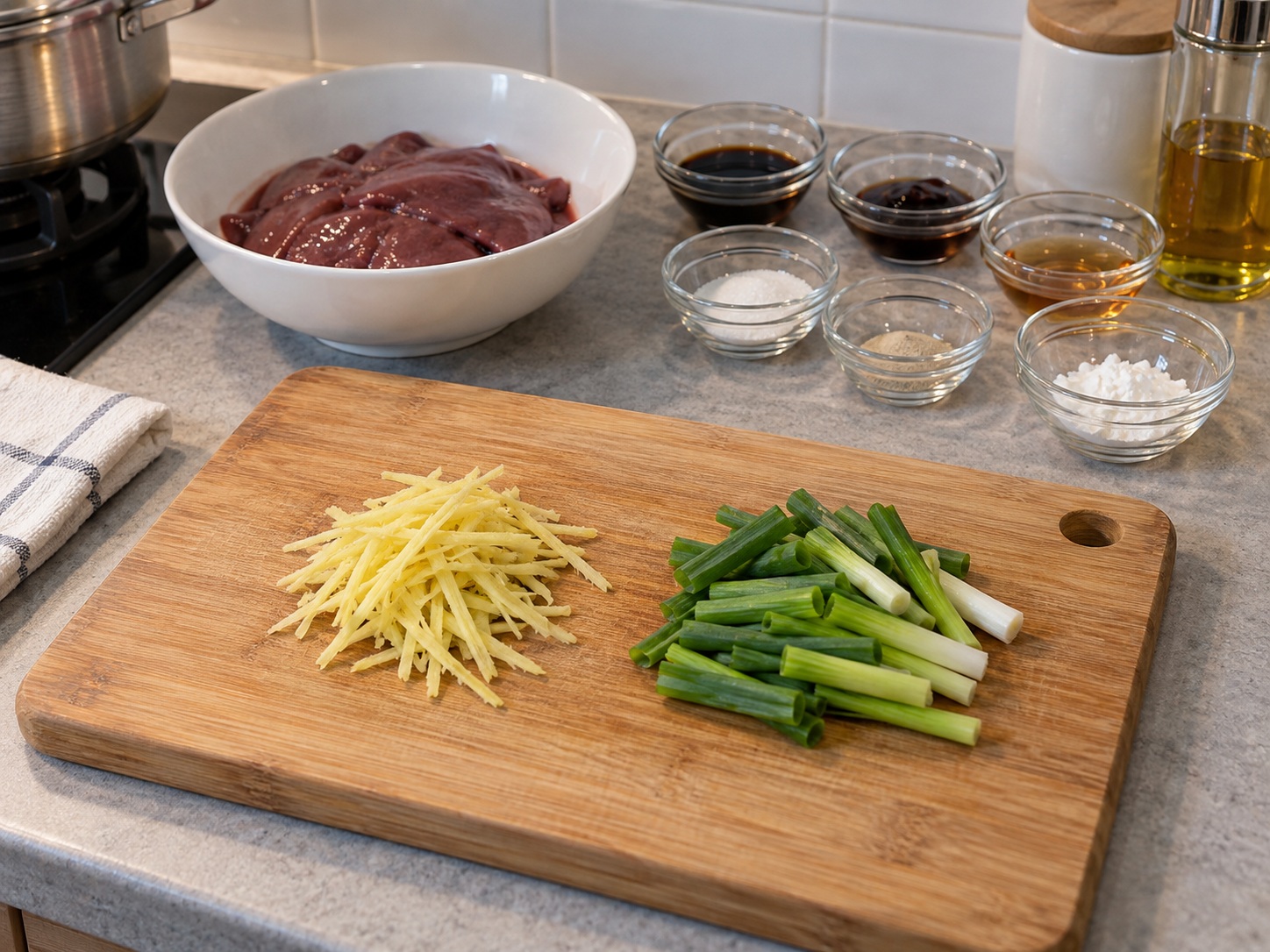 Cantonese Steamed Pork Liver na may Luya at Sibuyas Dahon — Hiwain ang aromatics