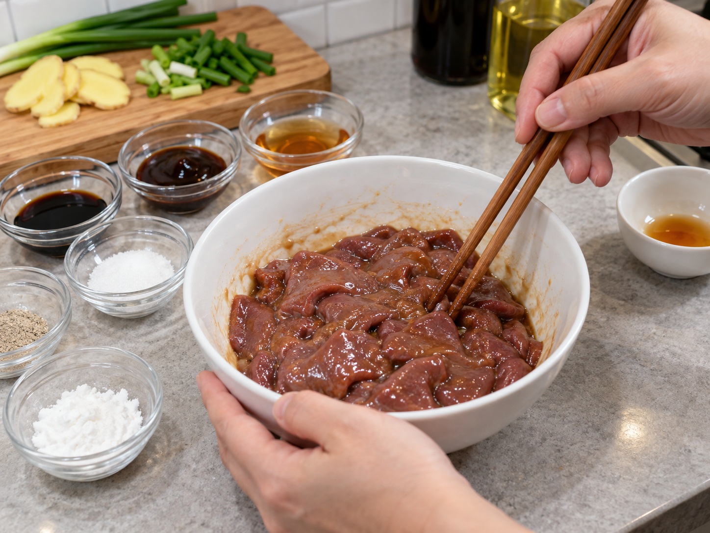 Cantonese Steamed Pork Liver na may Luya at Sibuyas Dahon — Ihalo ang marinade