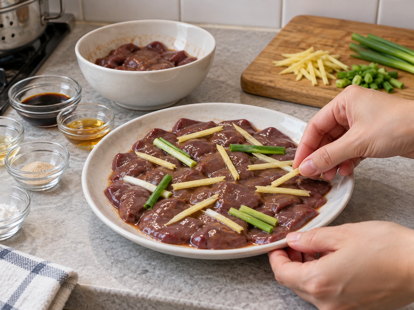 Cantonese Steamed Pork Liver na may Luya at Sibuyas Dahon — Ilatag sa plato