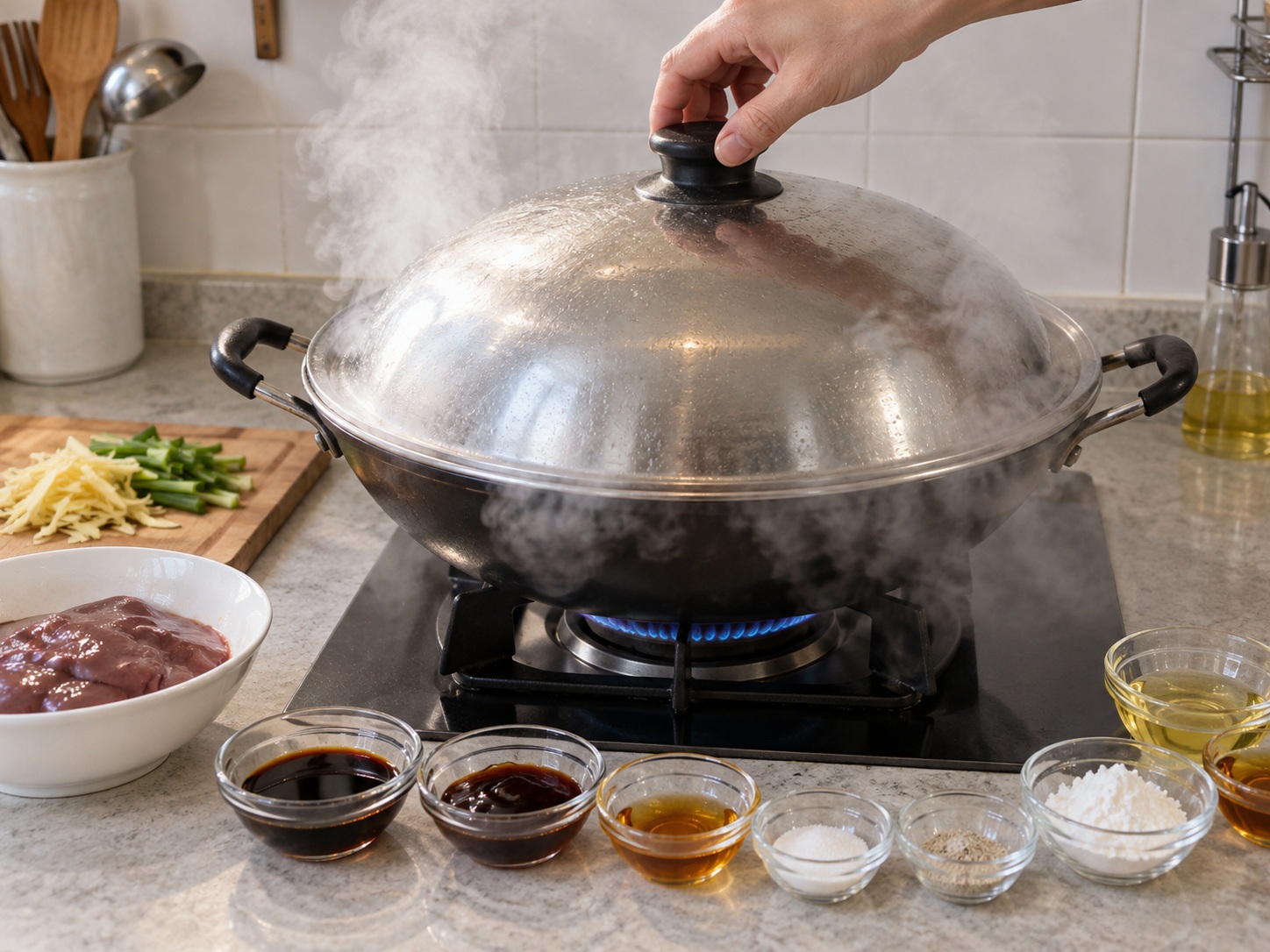 Cantonese Steamed Pork Liver na may Luya at Sibuyas Dahon — Painitin ang steamer