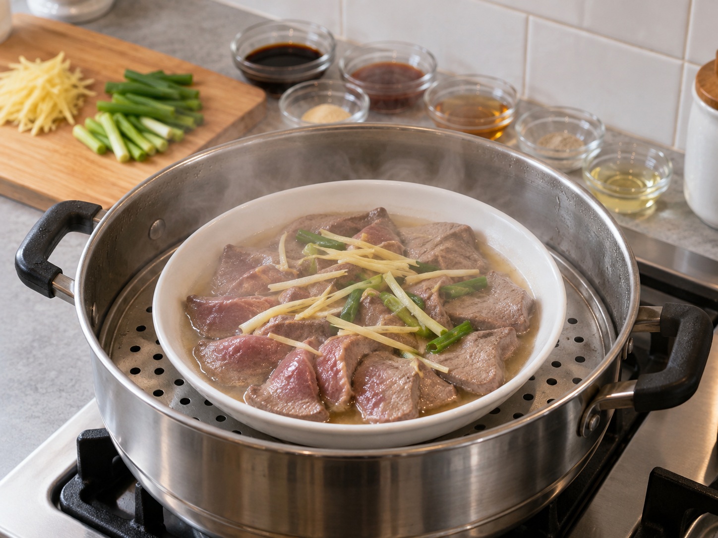 Cantonese Steamed Pork Liver na may Luya at Sibuyas Dahon — I-steam sa high