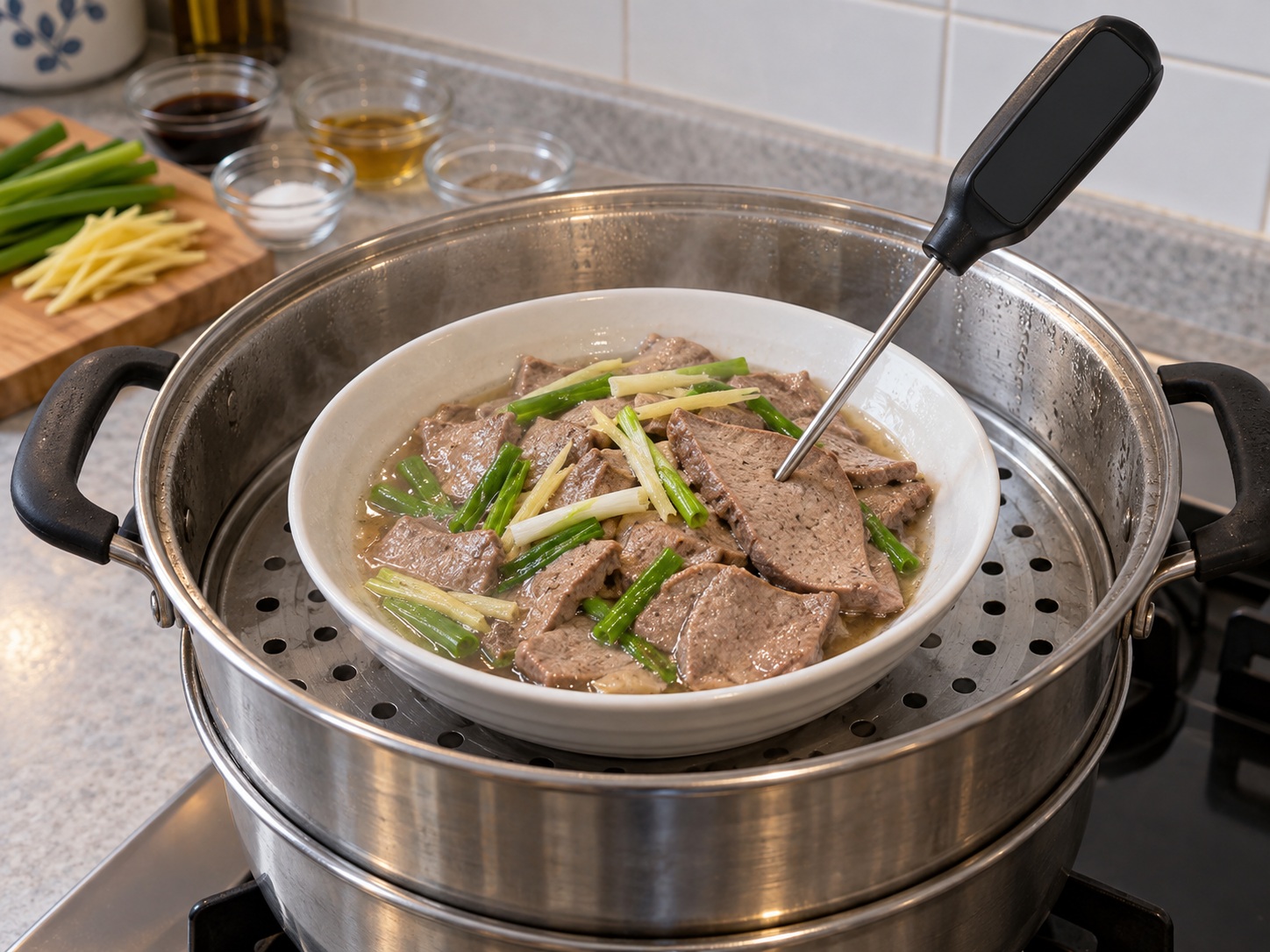 Cantonese Steamed Pork Liver na may Luya at Sibuyas Dahon — Suriin ang gitna