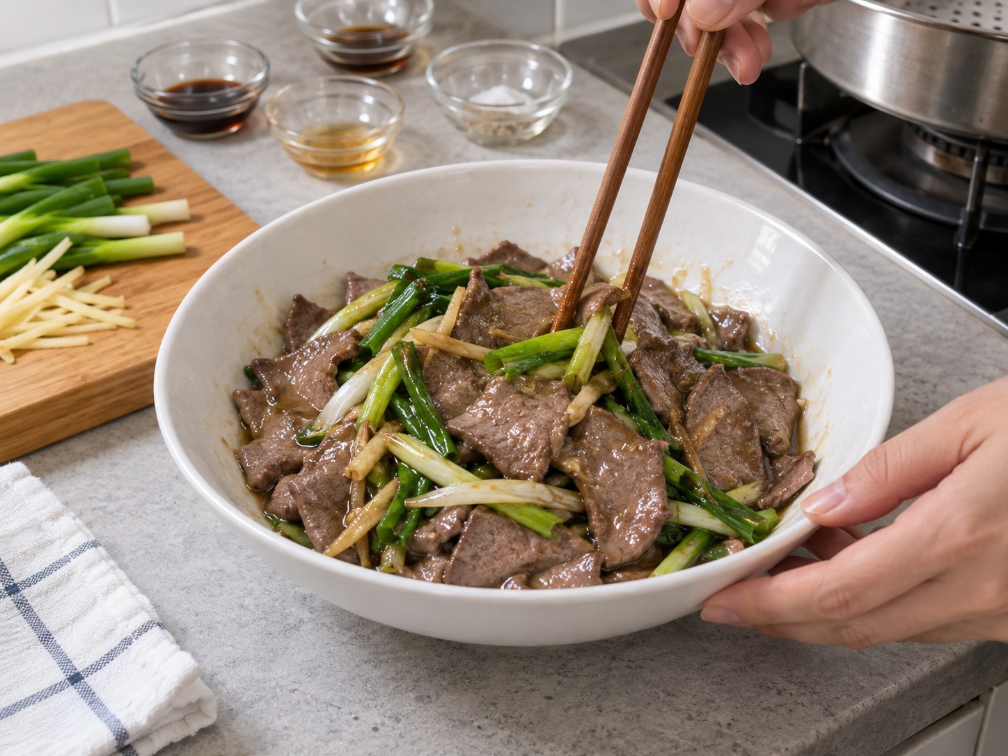 Cantonese Steamed Pork Liver na may Luya at Sibuyas Dahon — Idagdag ang sibuyas