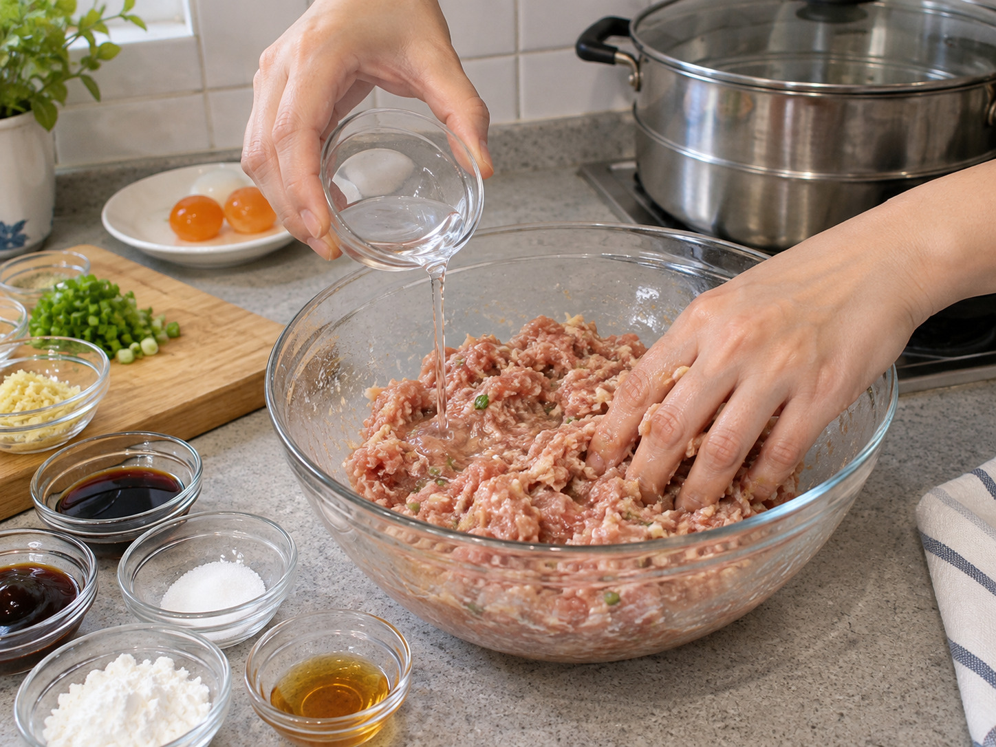 Steamed Pork Patty na may Maalat na Itlog — Idagdag ang tubig paunti-unti