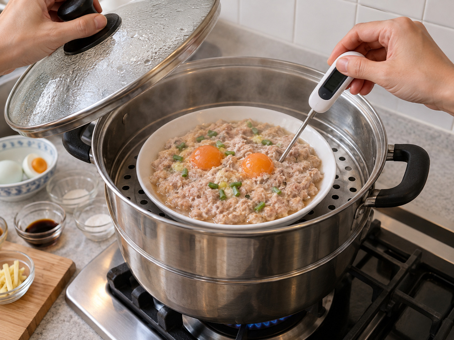 Steamed Pork Patty na may Maalat na Itlog — I-steam hanggang ligtas