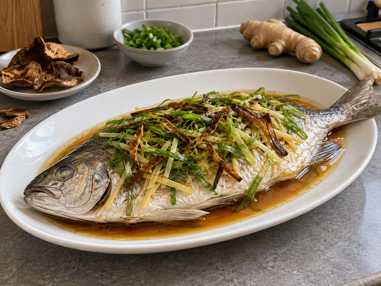 Cantonese Steamed Rabbitfish na may Tuyong Balat ng Dalanghita — natapos na ulam