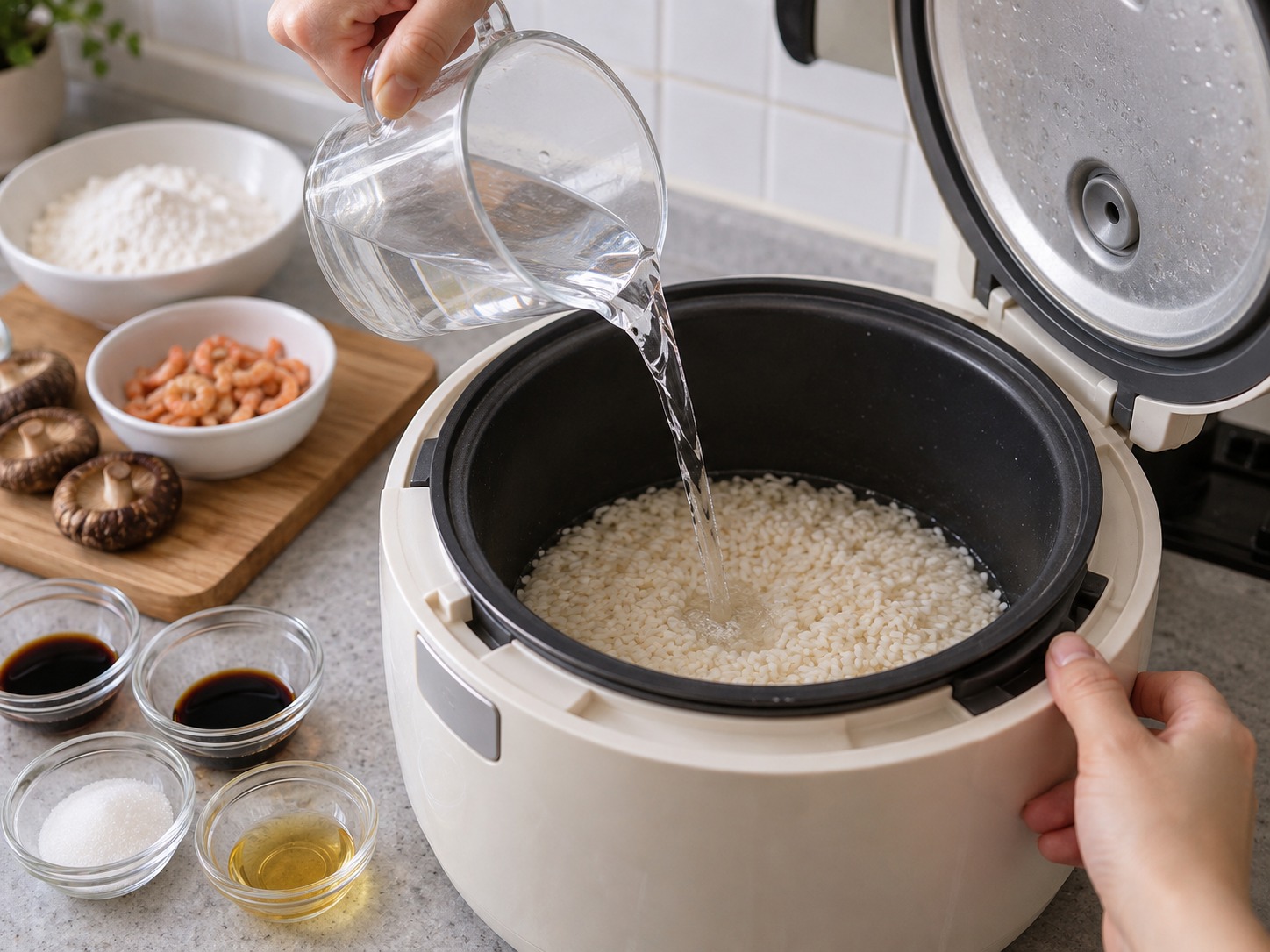Pinasingawang Bread Rolls na may Malagkit na Kanin — Lutuin ang malagkit kasama ang 200 ml tubig sa rice cooker