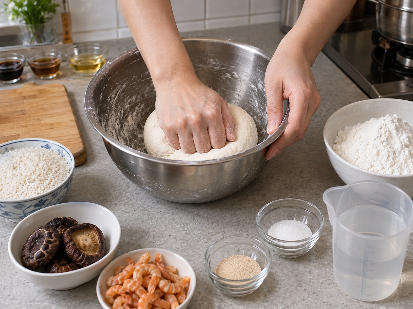 Pinasingawang Bread Rolls na may Malagkit na Kanin — Paghaluin ang maligamgam na tubig, yeast at asukal; idagdag ang harina at masahin hanggang makinis