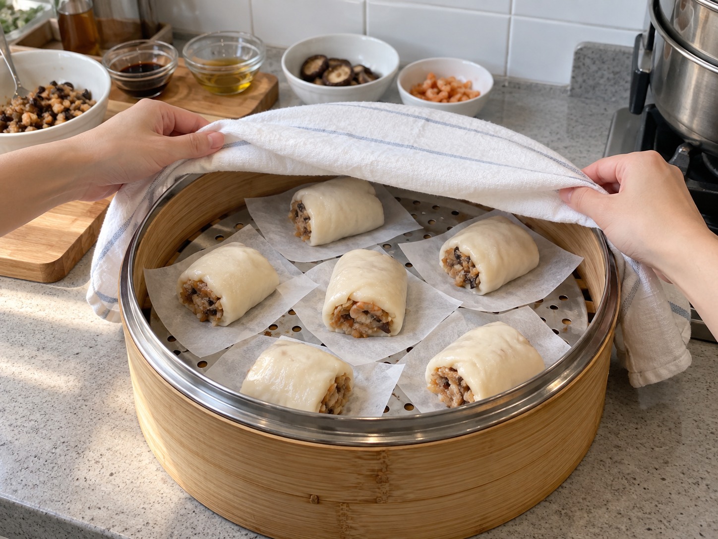 Pinasingawang Bread Rolls na may Malagkit na Kanin — Ilagay ang bawat piraso sa baking paper, takpan at ipahinga nang labinlimang minuto