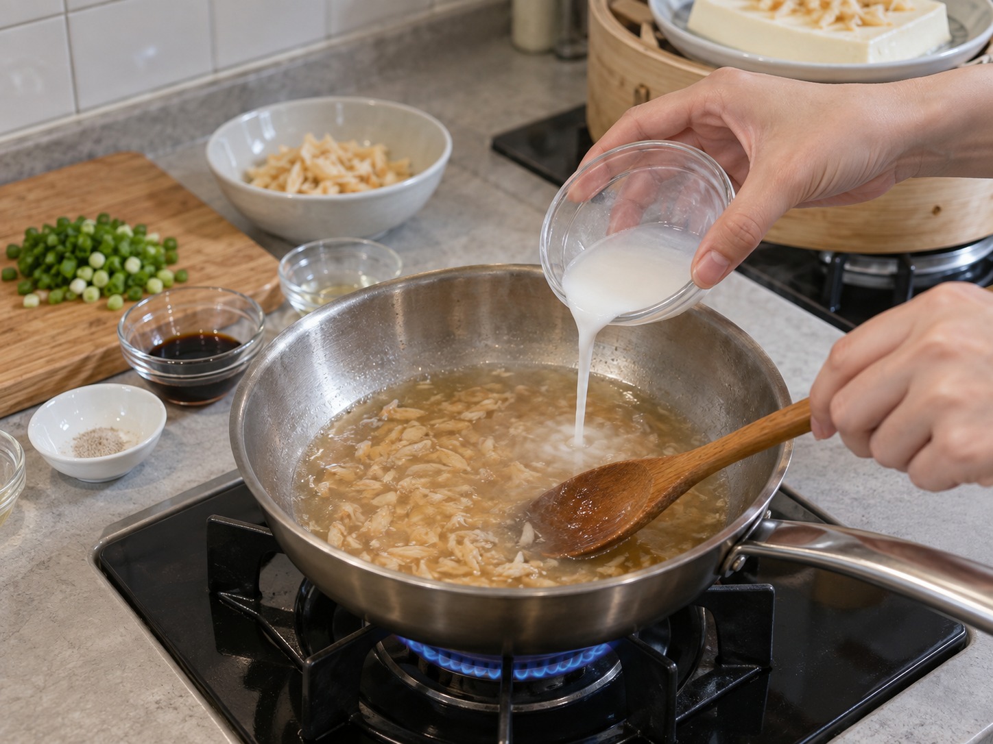 Tahu Kukus Kanton dengan Kerang Kering dan Putih Telur — Tambahkan kecap asin lalu kentalkan ringan dengan larutan maizena