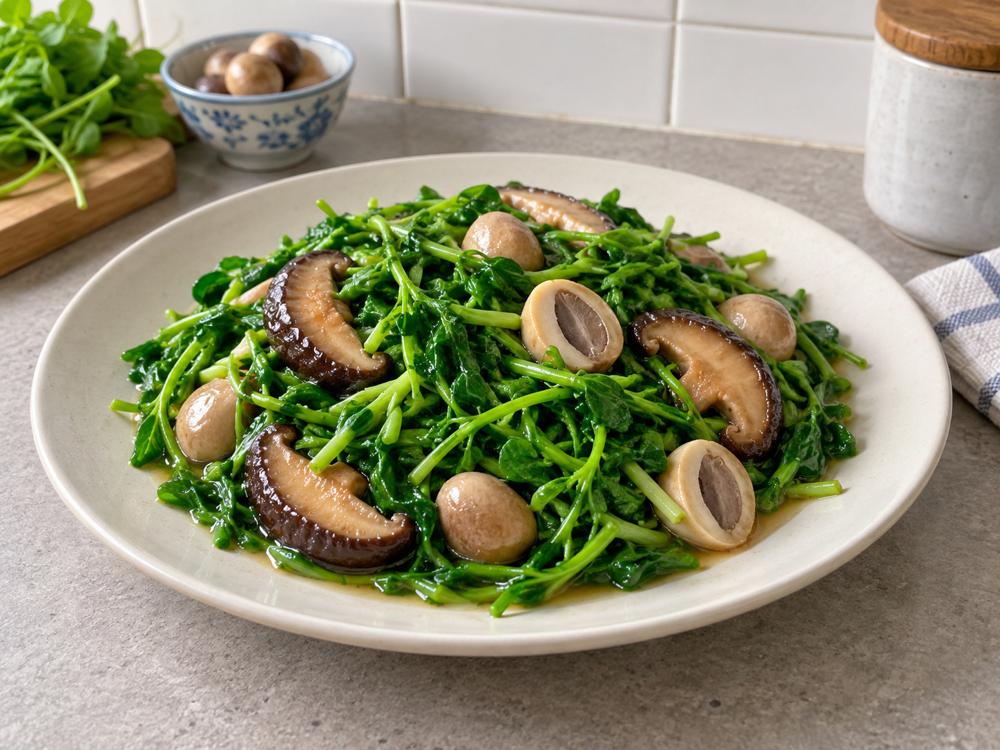 Stir-fried Pea Shoots with Two Mushrooms — finished dish