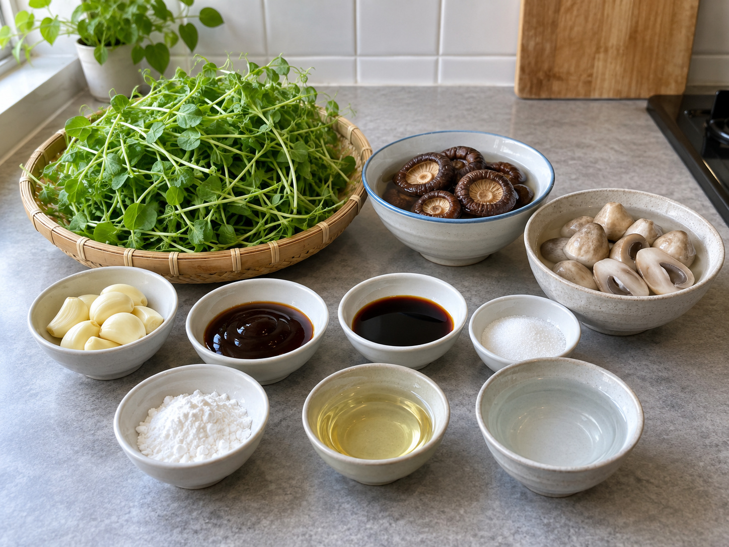 Stir-fried Pea Shoots with Two Mushrooms — ingredients