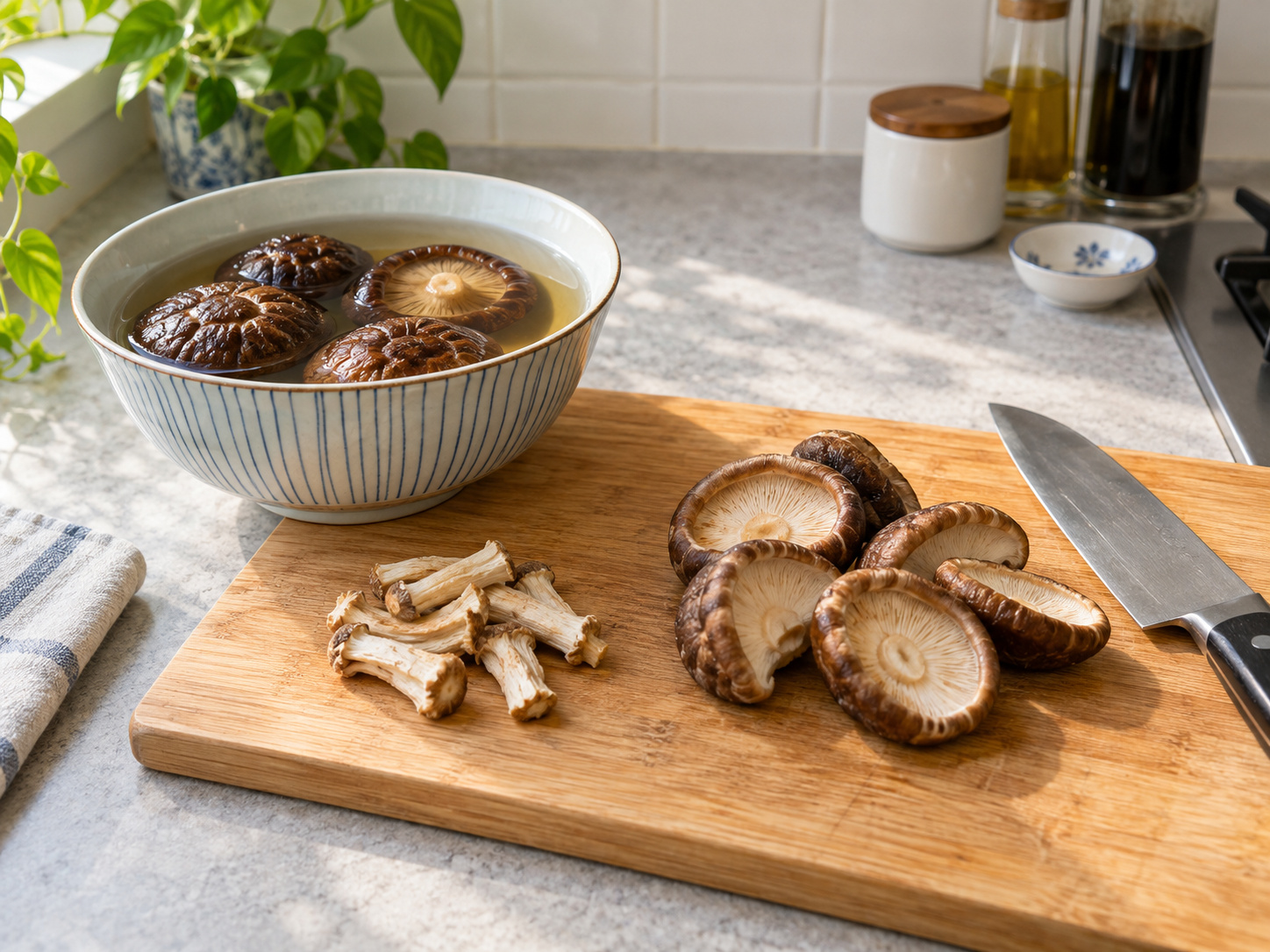 Stir-fried Pea Shoots with Two Mushrooms — Soak the shiitake