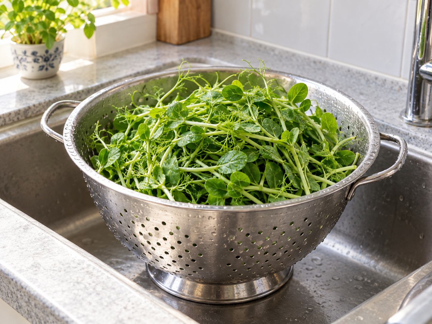 Stir-fried Pea Shoots with Two Mushrooms — Wash the pea shoots