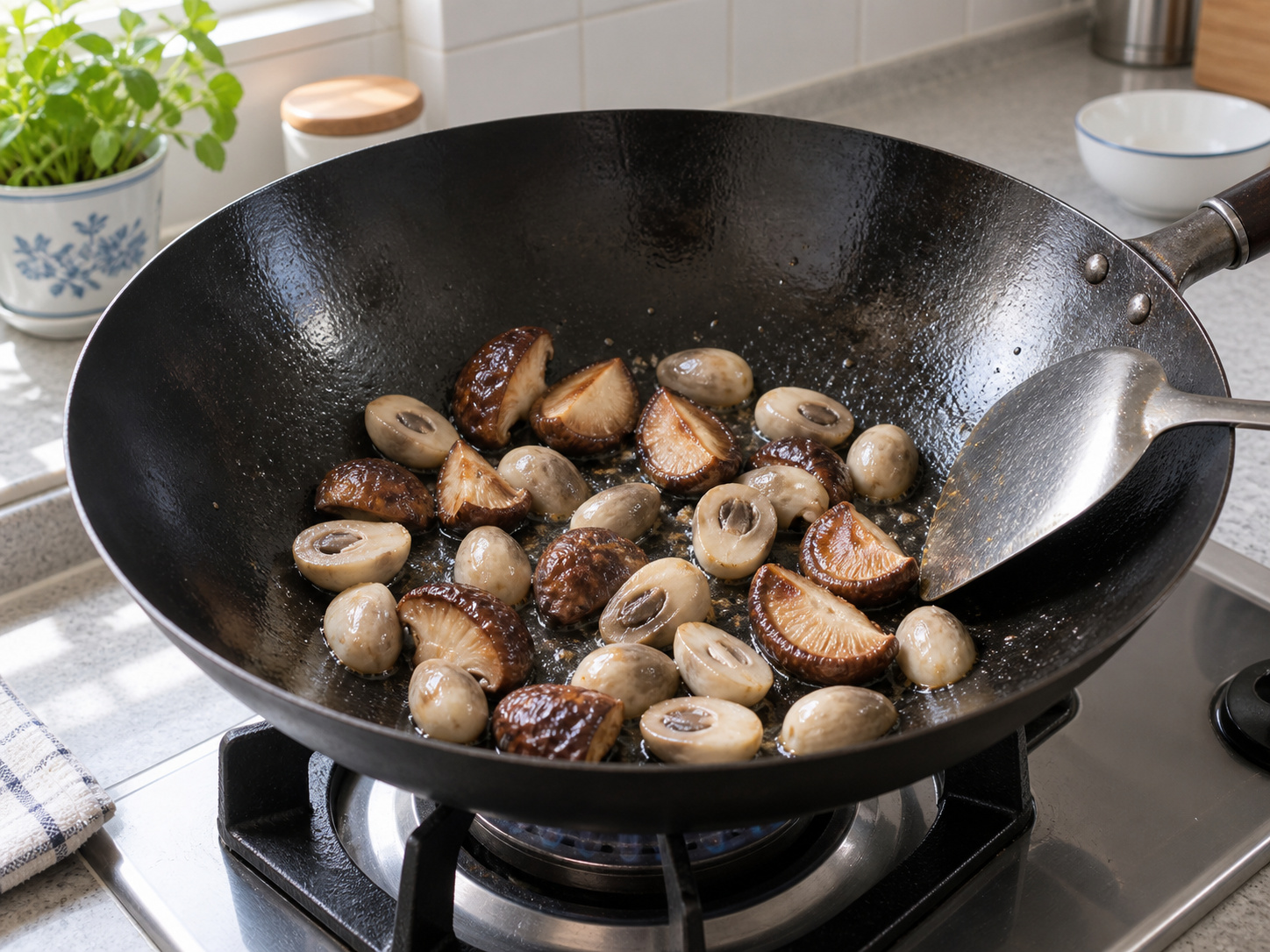 Stir-fried Pea Shoots with Two Mushrooms — Stir-fry both mushrooms