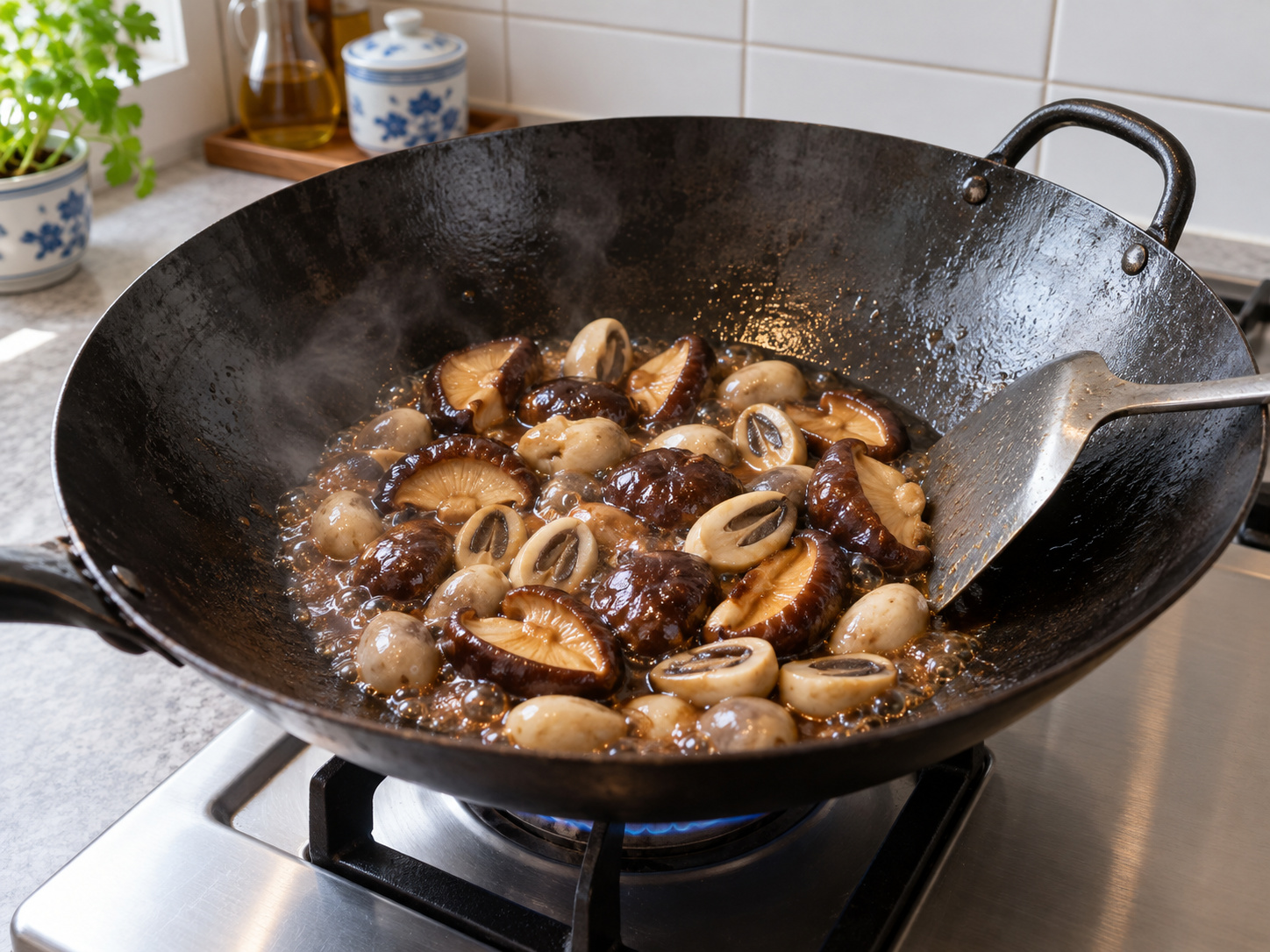 Stir-fried Pea Shoots with Two Mushrooms — Cook the mushroom sauce