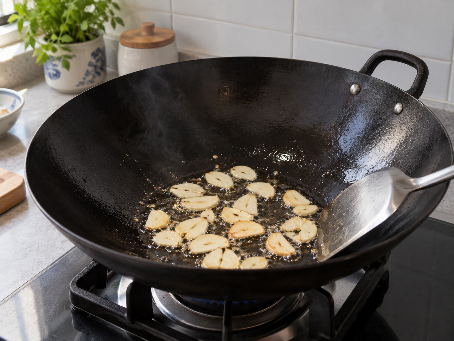 Stir-fried Pea Shoots with Two Mushrooms — Fry the garlic