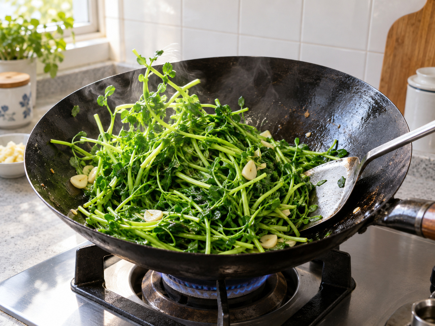 Stir-fried Pea Shoots with Two Mushrooms — Stir-fry pea shoots