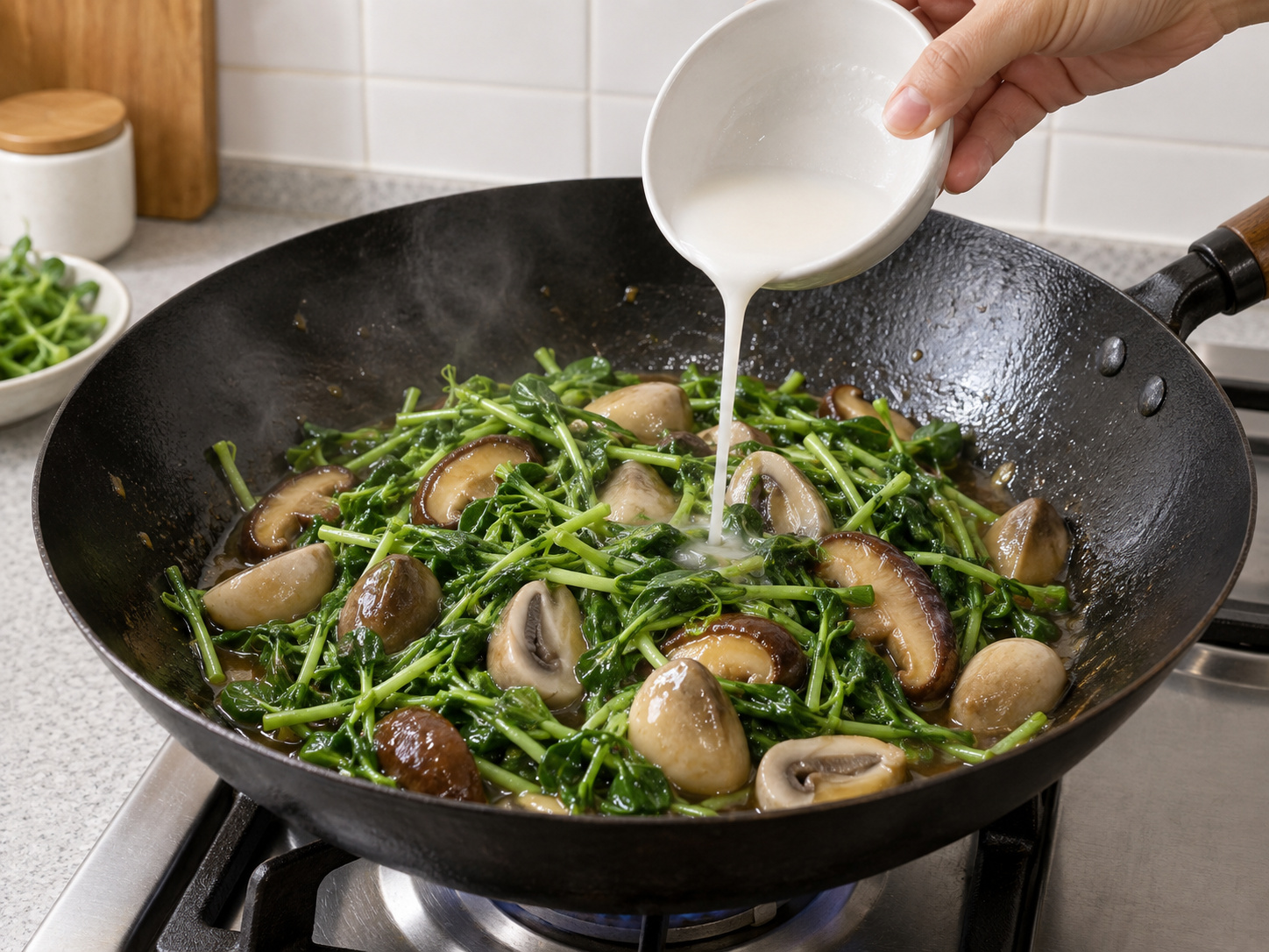 Stir-fried Pea Shoots with Two Mushrooms — Combine and thicken