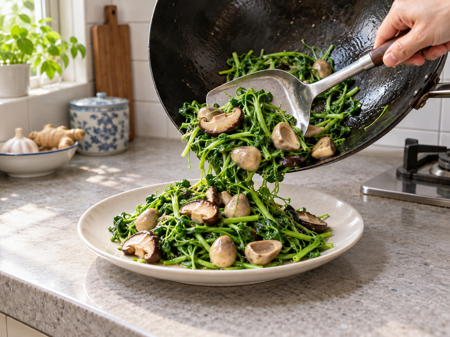 Stir-fried Pea Shoots with Two Mushrooms — Serve immediately