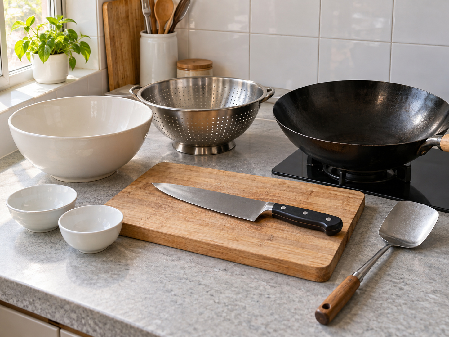 Stir-fried Pea Shoots with Two Mushrooms — tools