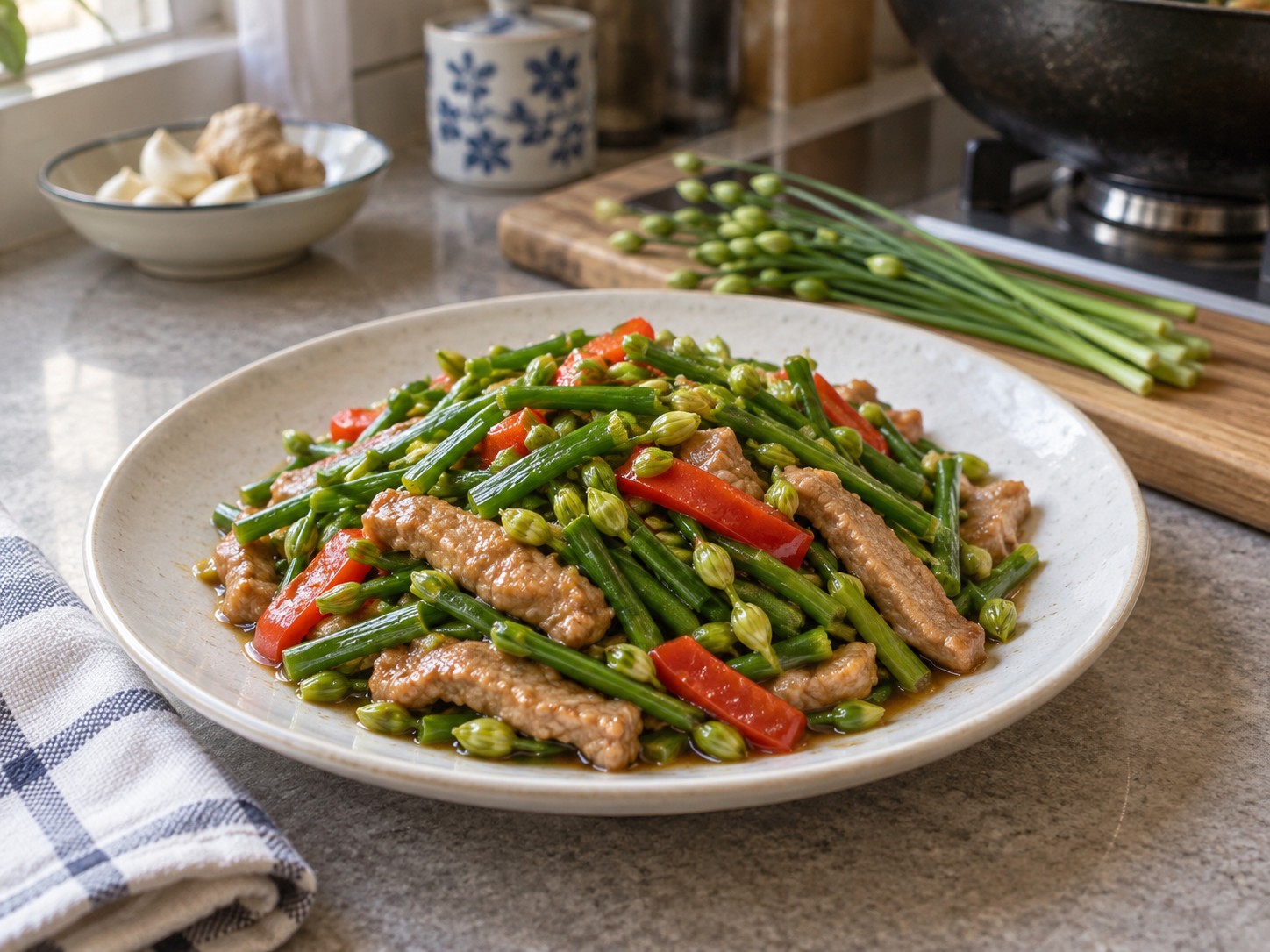 Cantonese Stir-fried Pork Strips with Garlic Chive Flowers — finished dish