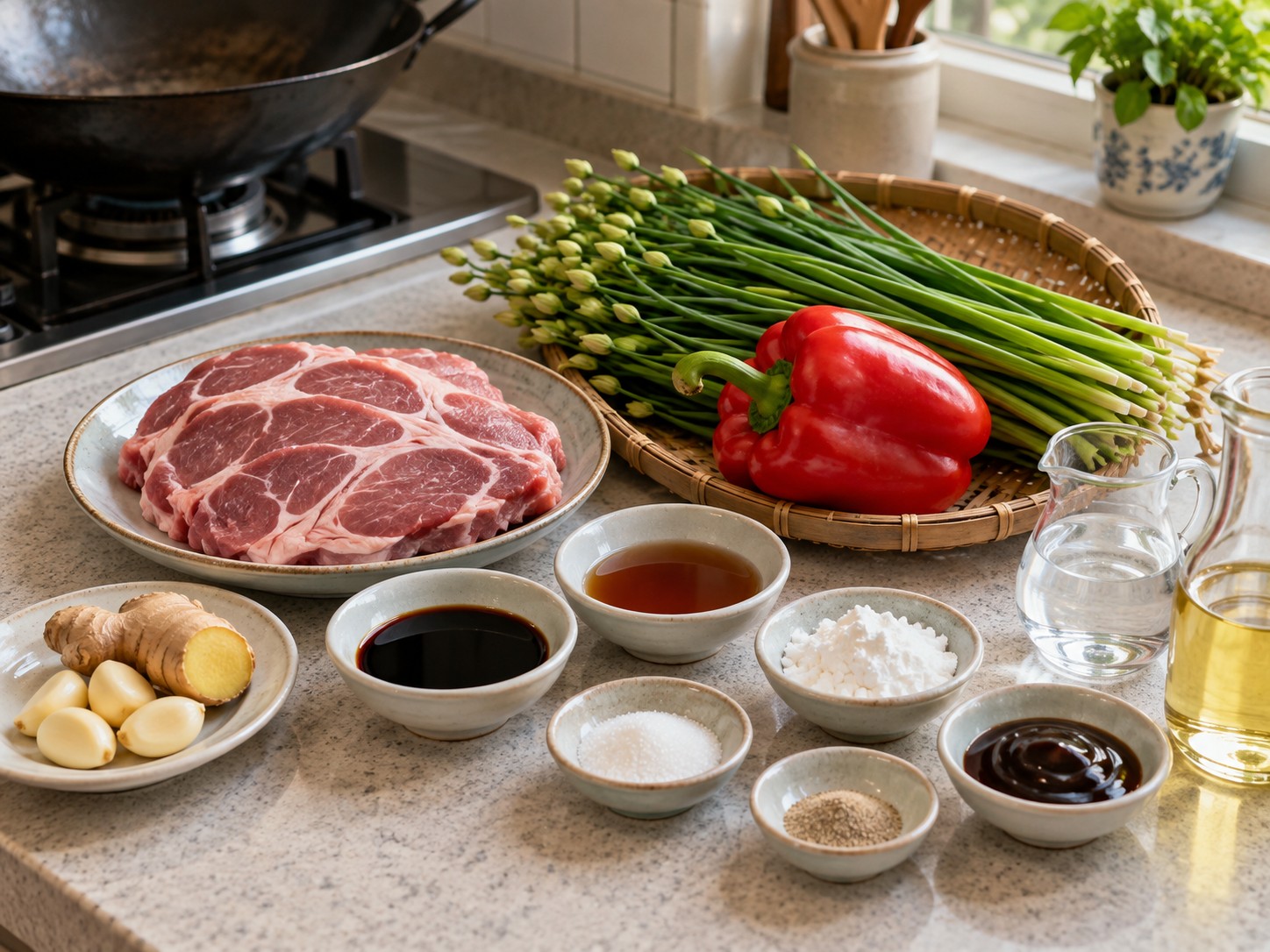 Cantonese Stir-fried Pork Strips with Garlic Chive Flowers — ingredients