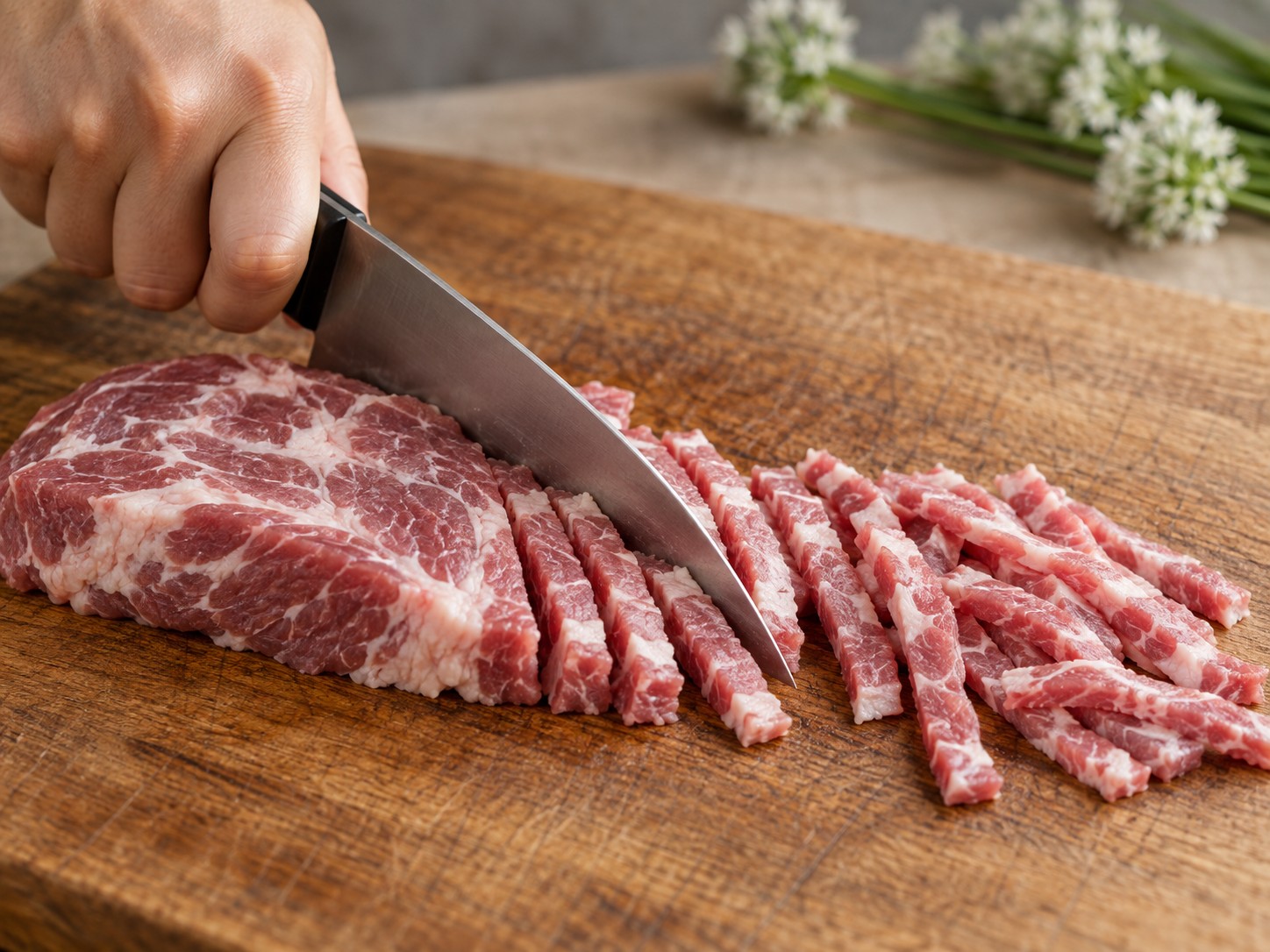 Cantonese Stir-fried Pork Strips with Garlic Chive Flowers — Slice the pork