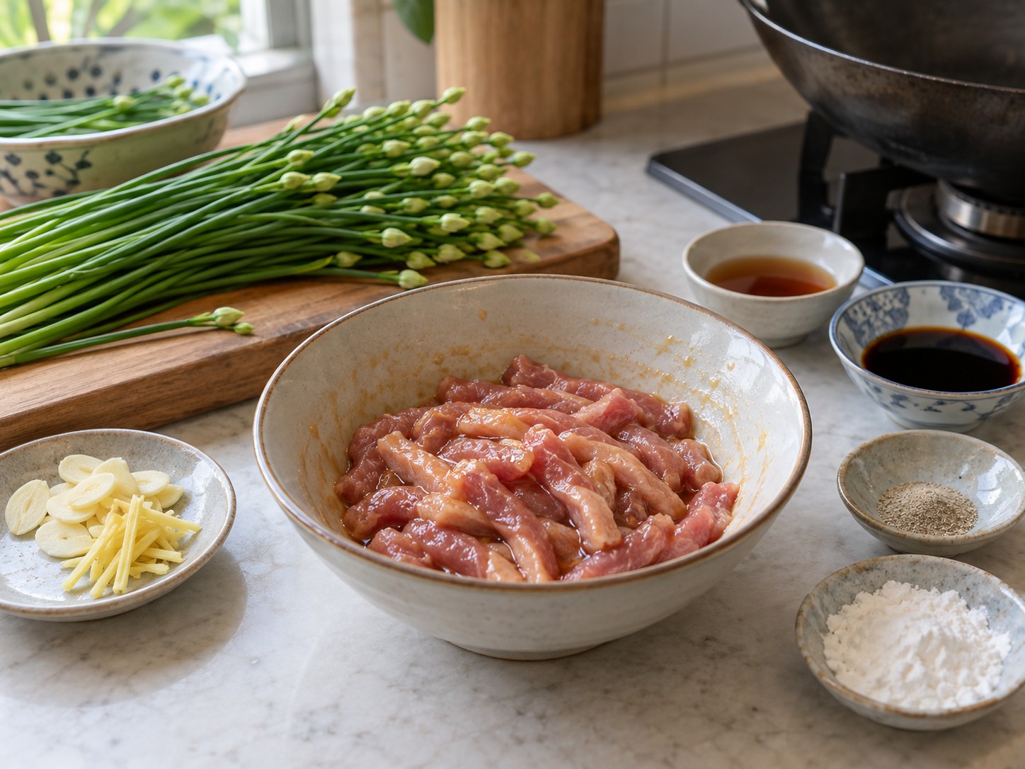 Cantonese Stir-fried Pork Strips with Garlic Chive Flowers — Marinate the pork