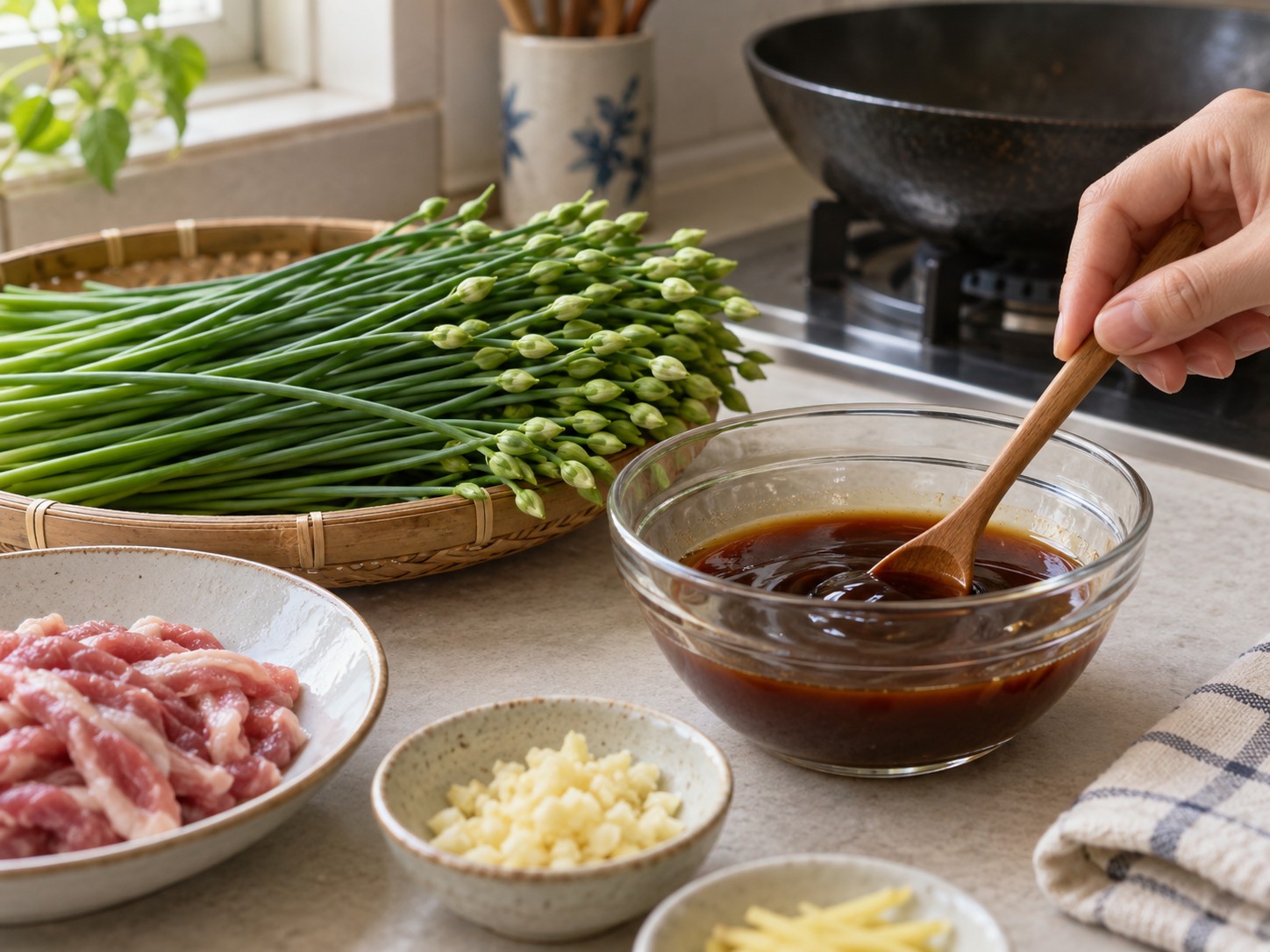 Cantonese Stir-fried Pork Strips with Garlic Chive Flowers — Mix the sauce