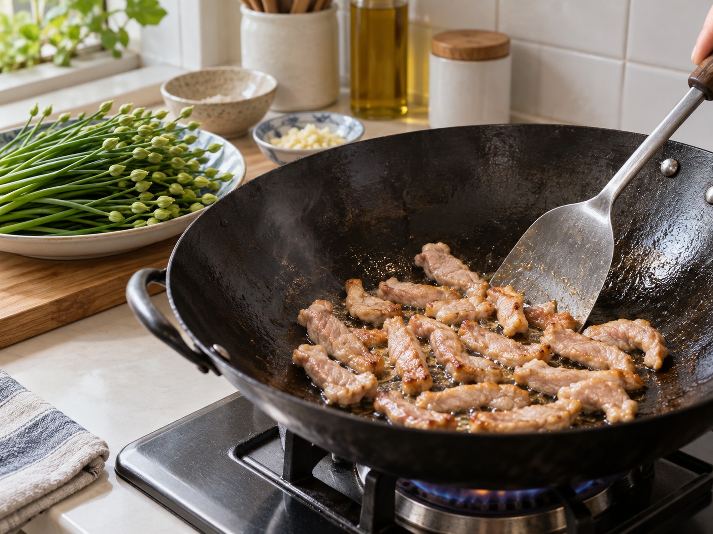 Cantonese Stir-fried Pork Strips with Garlic Chive Flowers — Cook the pork