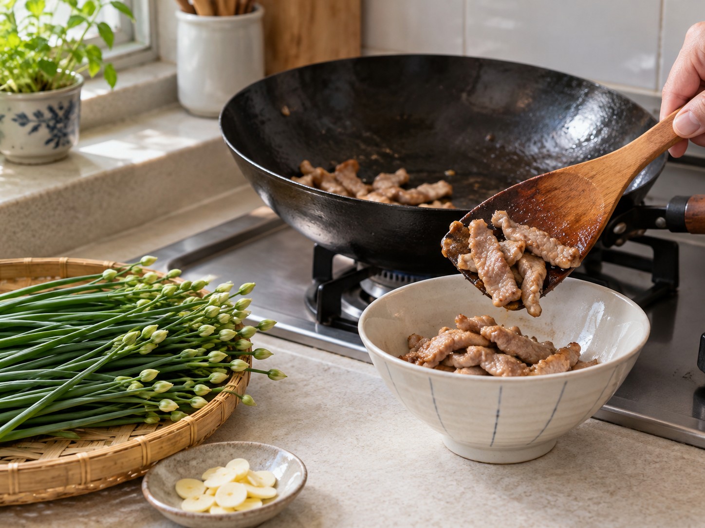 Cantonese Stir-fried Pork Strips with Garlic Chive Flowers — Remove the pork