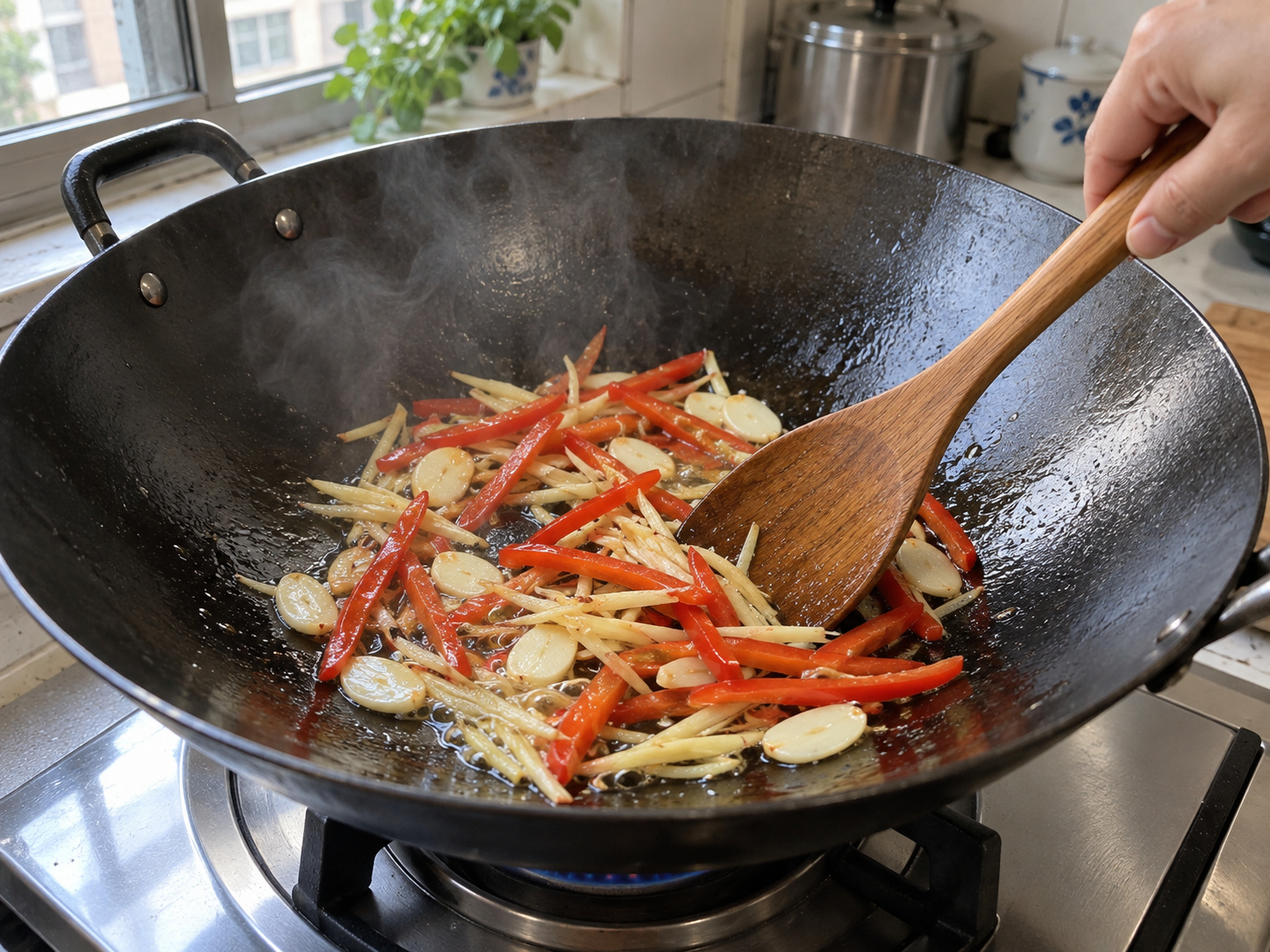 Cantonese Stir-fried Pork Strips with Garlic Chive Flowers — Fry the aromatics