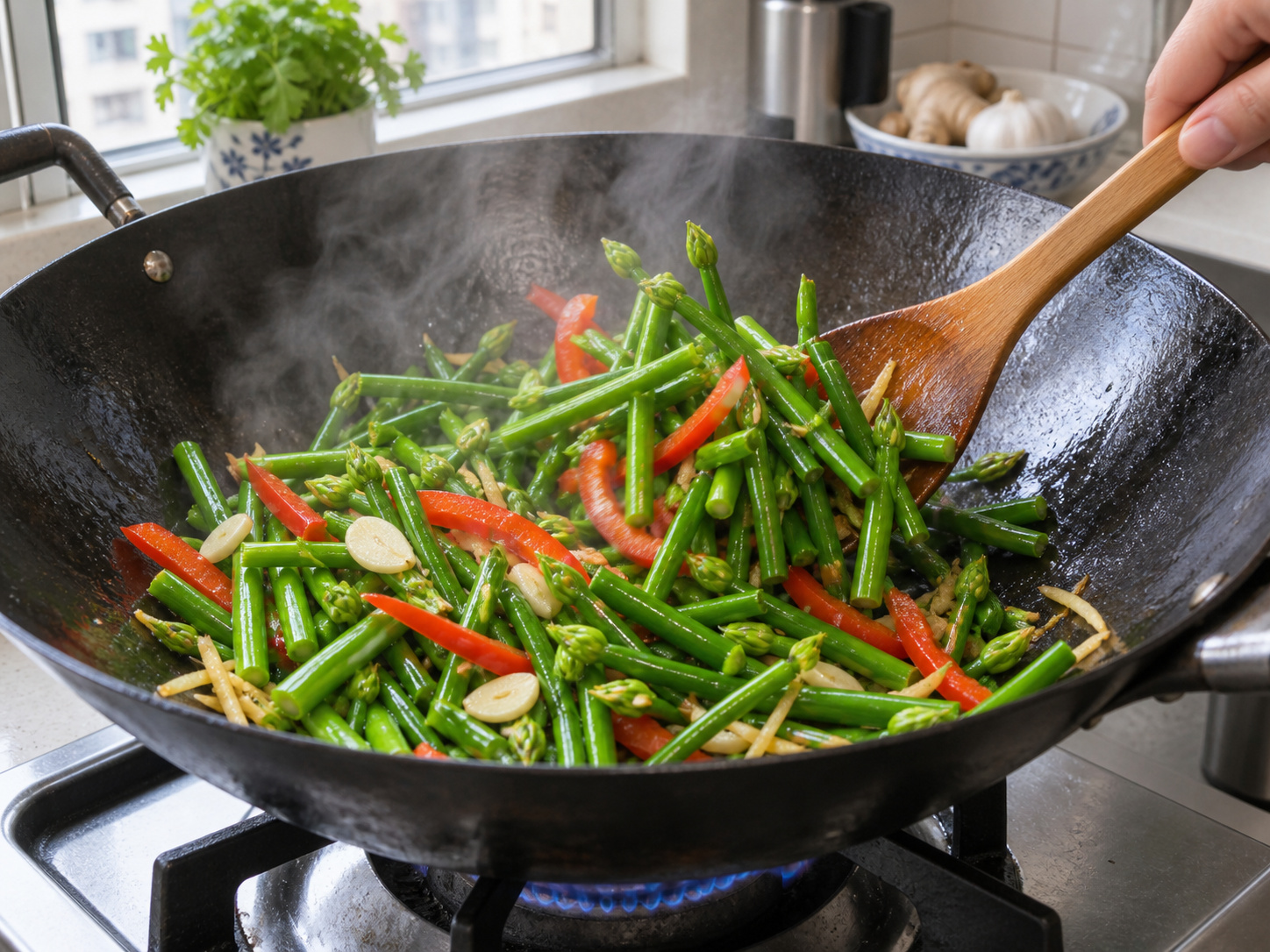 Cantonese Stir-fried Pork Strips with Garlic Chive Flowers — Cook the chive flowers