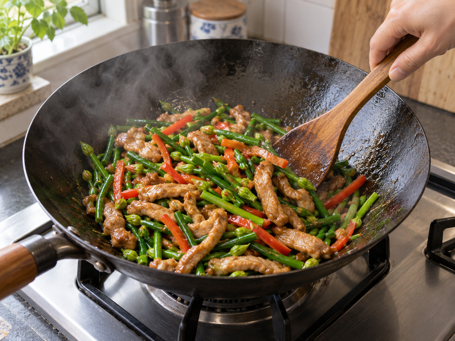 Cantonese Stir-fried Pork Strips with Garlic Chive Flowers — Return and glaze