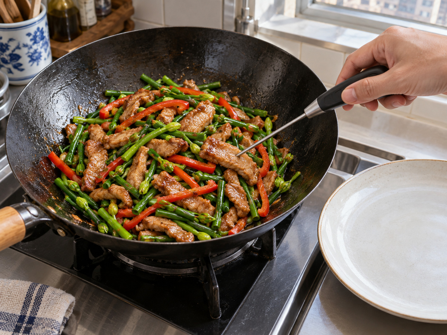 Cantonese Stir-fried Pork Strips with Garlic Chive Flowers — Check and serve