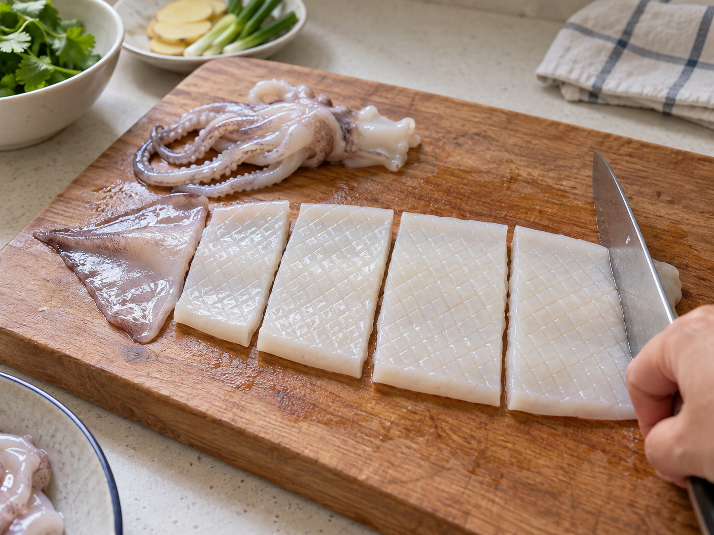 Cantonese Stir-fried Squid with Celery — Score the squid