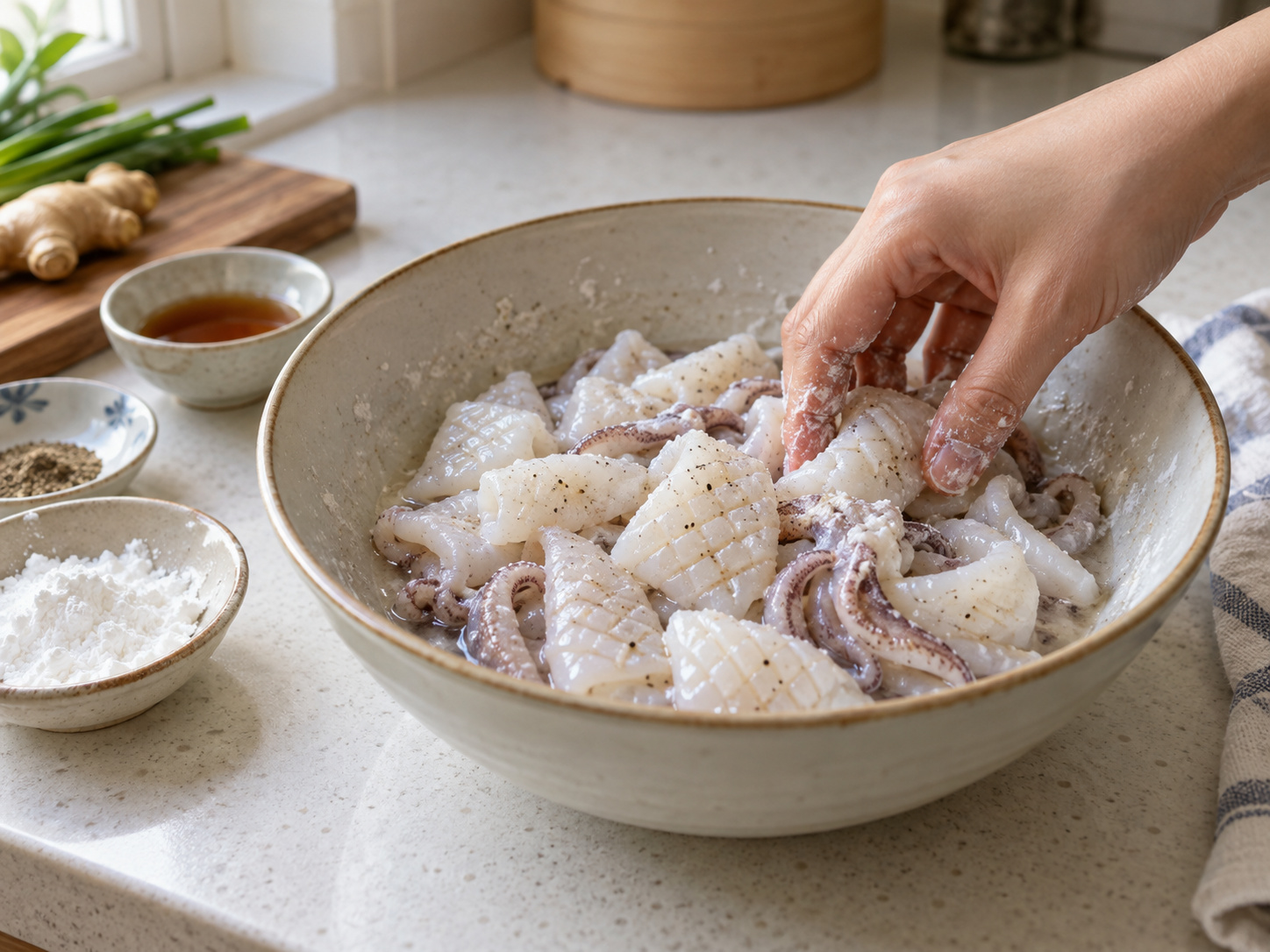 Cantonese Stir-fried Squid with Celery — Coat the squid