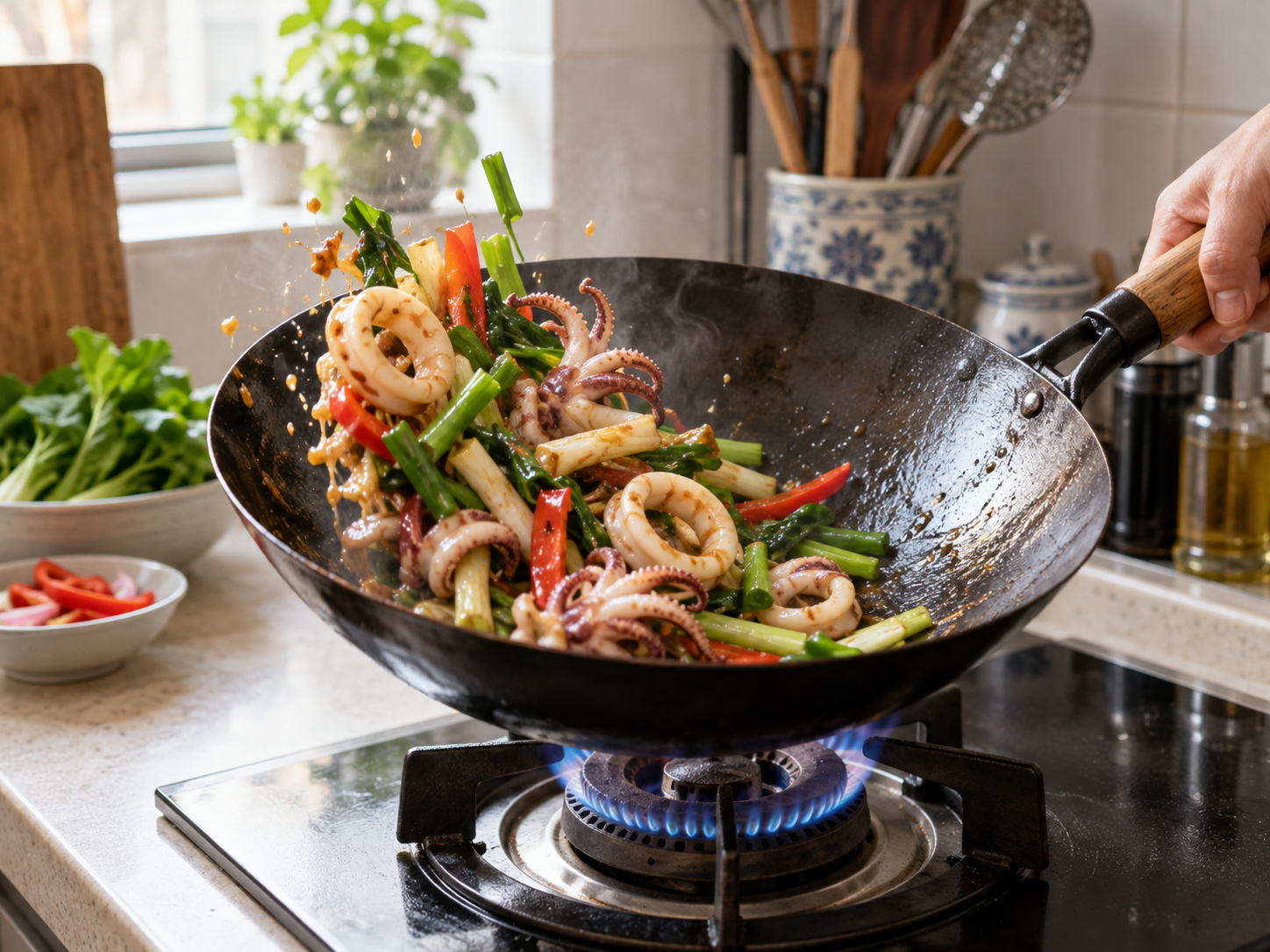 Cantonese Stir-fried Squid with Celery — Add the sauce