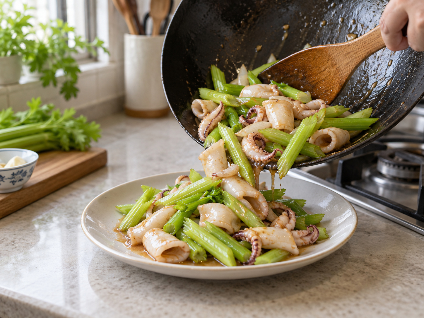 Cantonese Stir-fried Squid with Celery — Serve immediately
