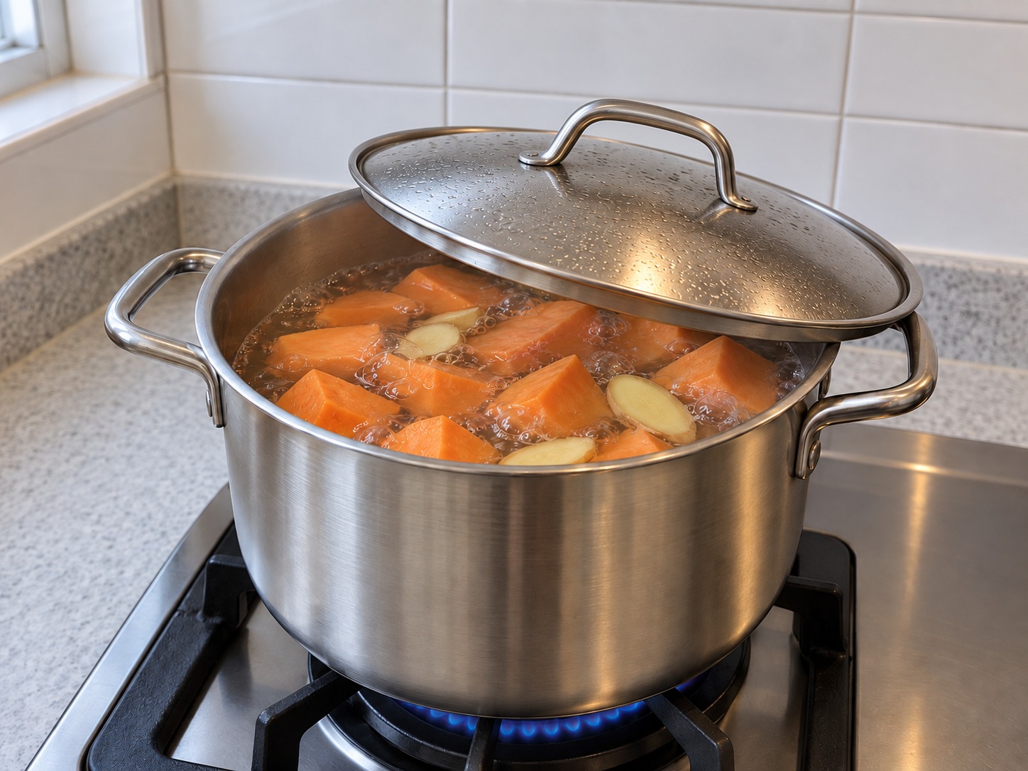 Sup Manis Ubi Jalar Jahe — Didihkan lagi, tutup sebagian dan masak lima belas menit