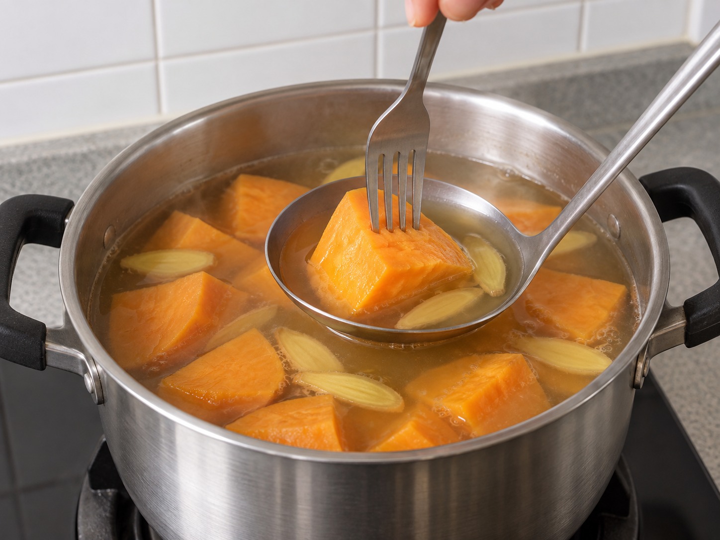 Sup Manis Ubi Jalar Jahe — Tusuk bagian terbesar dengan garpu; masak lima menit lagi bila belum empuk