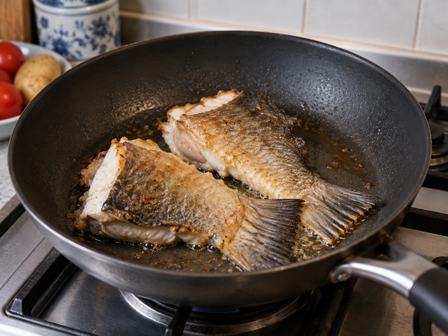 Cantonese na Sabaw ng Buntot ng Isda, Kamatis, at Patatas — I-brown ang isda