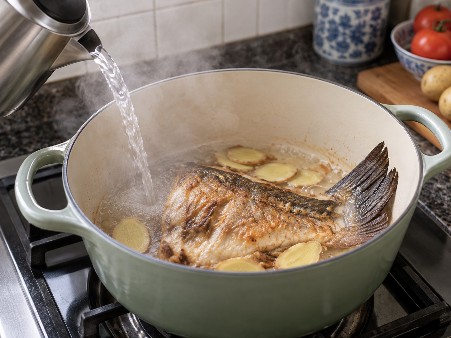 Cantonese na Sabaw ng Buntot ng Isda, Kamatis, at Patatas — Ilagay ang kumukulong tubig