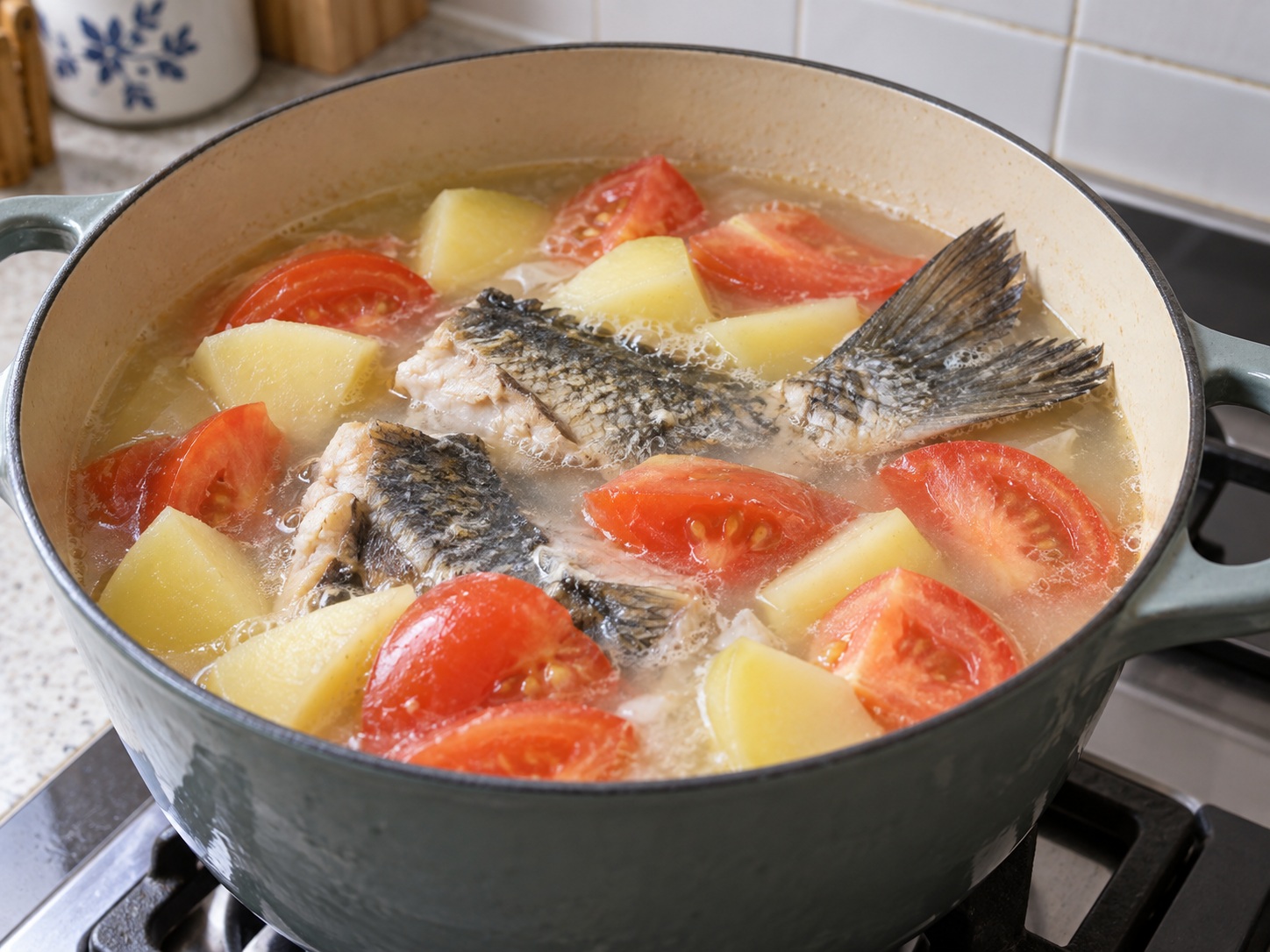 Cantonese na Sabaw ng Buntot ng Isda, Kamatis, at Patatas — Ilagay ang gulay