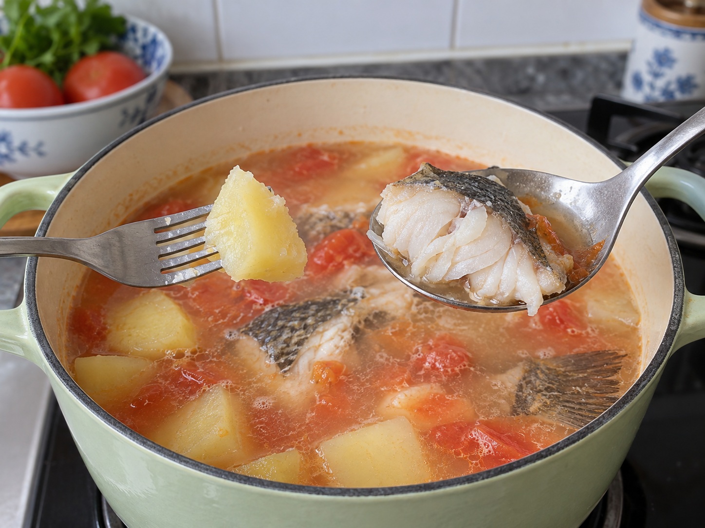 Cantonese na Sabaw ng Buntot ng Isda, Kamatis, at Patatas — Suriin ang pagkaluto