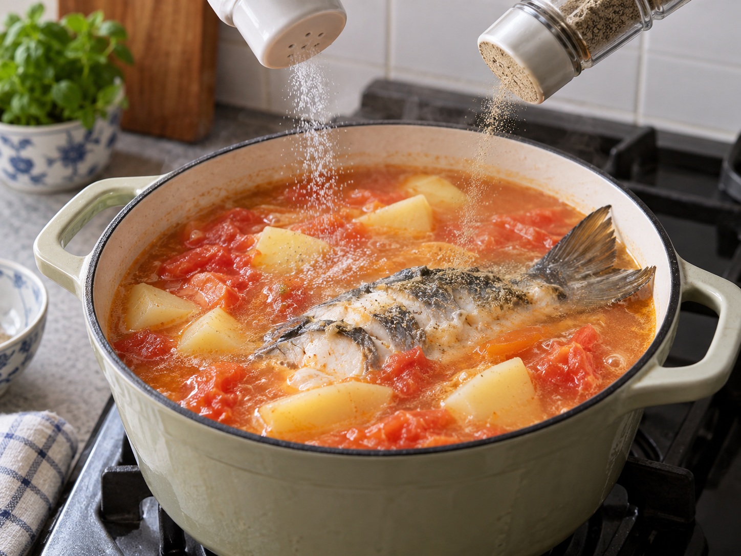 Cantonese na Sabaw ng Buntot ng Isda, Kamatis, at Patatas — Timplahan