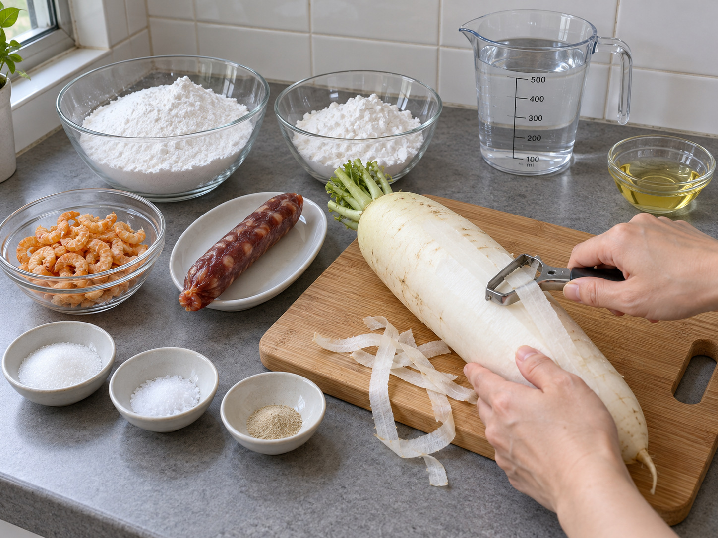 Kue Lobak Kanton dengan Sosis dan Udang Kering — bahan