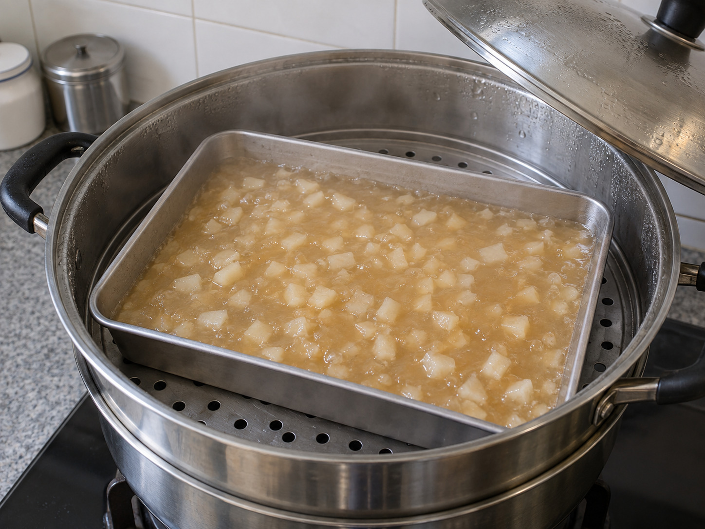 Cantonese Water Chestnut Cake — Steam until translucent