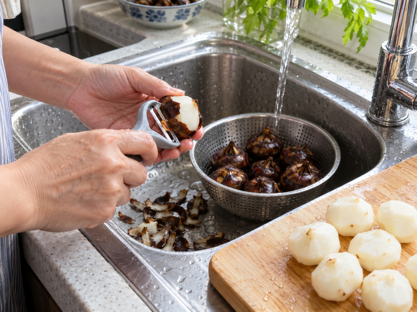Cantonese Matamis na Sabaw ng Water Chestnut at Snow Fungus — Hugasan at balatan